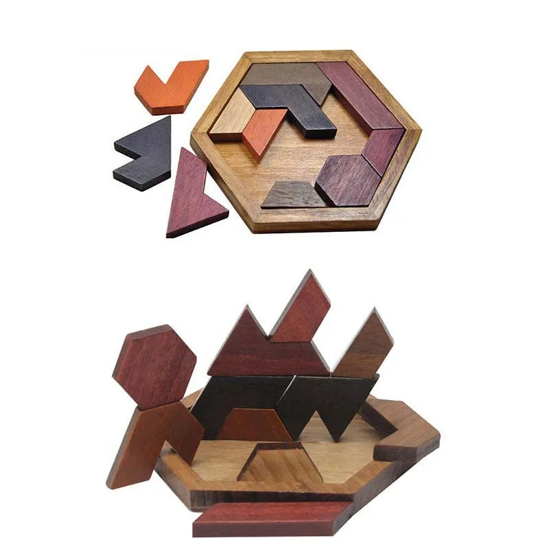Hexagon Tangram Puzzle Wooden Brain Puzzles for Kids & Adult Challenge Wooden Brain Teasers Puzzle Games for Family Party Gift - Brain Games for Kids