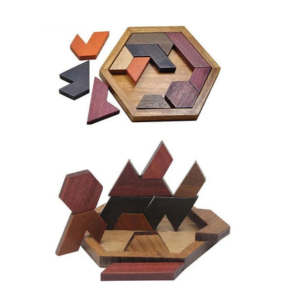 Hexagon Tangram Puzzle Wooden Brain Puzzles for Kids & Adult Challenge Wooden Brain Teasers Puzzle Games for Family Party Gift - Brain Games for Kids