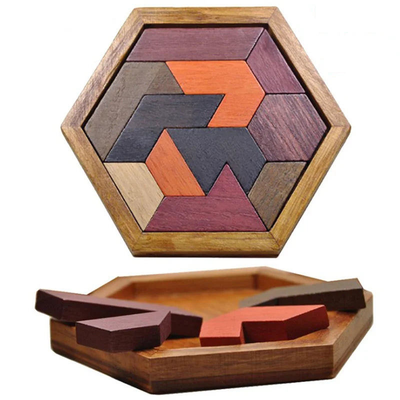 Hexagon Tangram Puzzle Wooden Brain Puzzles for Kids & Adult Challenge Wooden Brain Teasers Puzzle Games for Family Party Gift - Brain Games for Kids